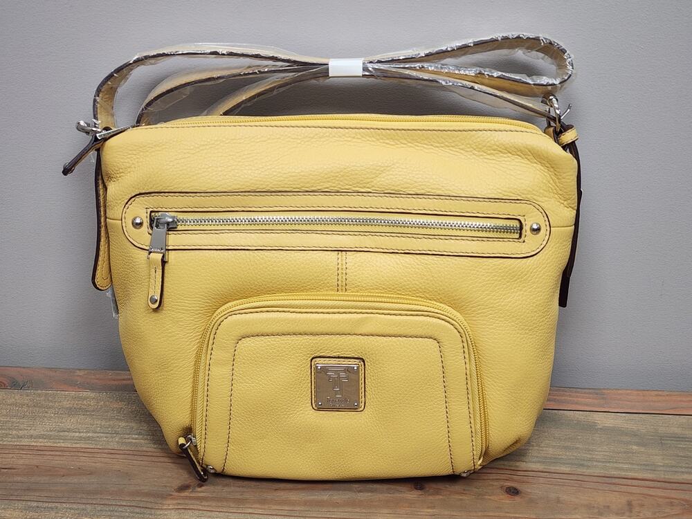 Tignanello Leather Shoulder Bag Yellow Silver Tone Hardware